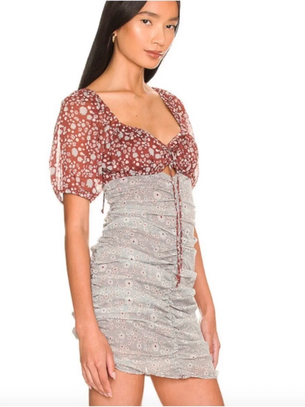 Free People Tessa Floral Ruched Mini Dress with Dusty Rose‎ Trim